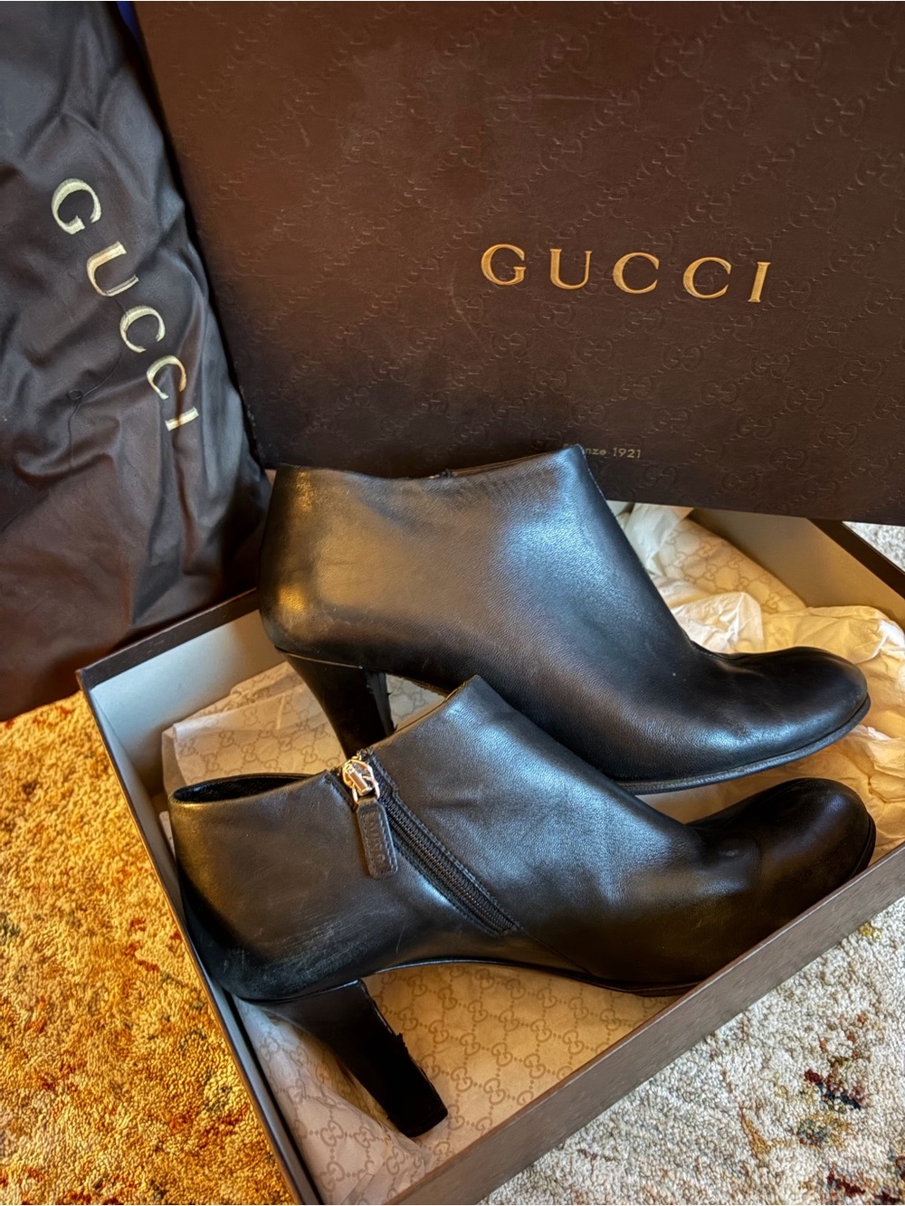Gucci Black Leather Ankle Booties with Block Heel